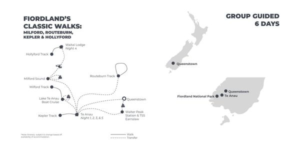 Fiordland’s Classic Walks: Milford, Routeburn, Kepler & Hollyford - 6 Days route map